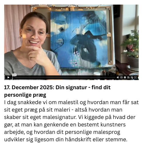 I dag snakkede vi om malestil og hvordan man f&aring;r sat sit eget pr&aelig;g p&aring; sit maleri - alts&aring; hvordan man skaber sit eget malesignatur. Vi kiggede p&aring; hvad der g&oslash;r, at man kan genkende en bestemt kunstners arbejde, og hvordan dit personlige malesprog udvikler sig ligesom din h&aring;ndskrift eller sangstemme.